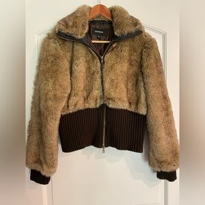 Express Y2K Faux Fur Teddy Jacket in Brown and Dark Brown